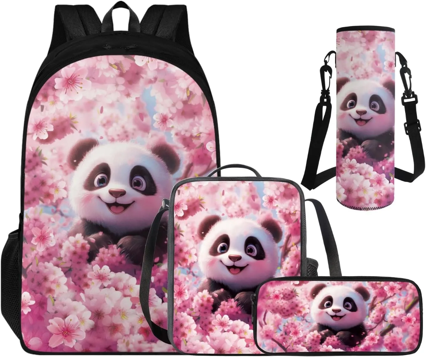 Cute Panda School Bags for Girls 4-6, Adorable Backpacks for Girls with Lunch Box Lightweight Pencil Case and Water Bottle Holder 4 PCS Set for Girl Back to School Multifunctional Use