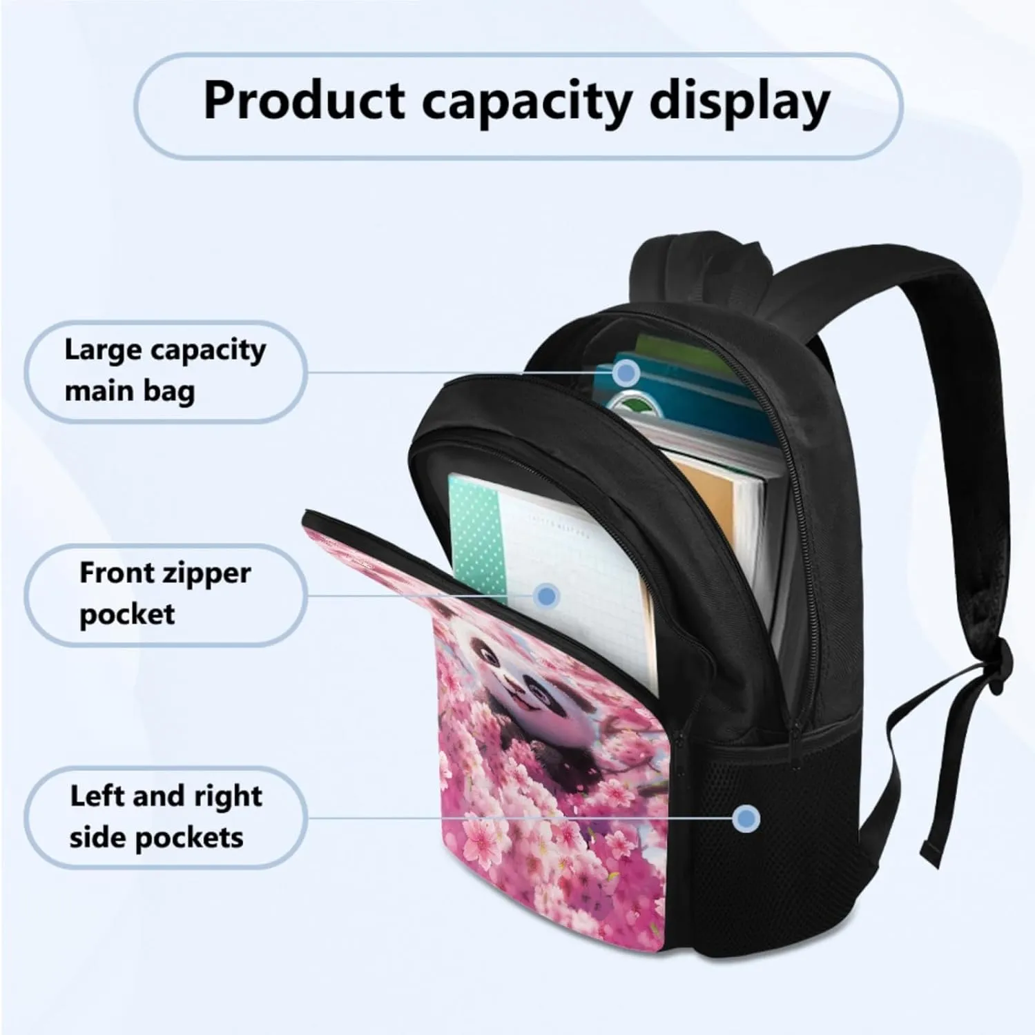 Cute Panda School Bags for Girls 4-6, Adorable Backpacks for Girls with Lunch Box Lightweight Pencil Case and Water Bottle Holder 4 PCS Set for Girl Back to School Multifunctional Use