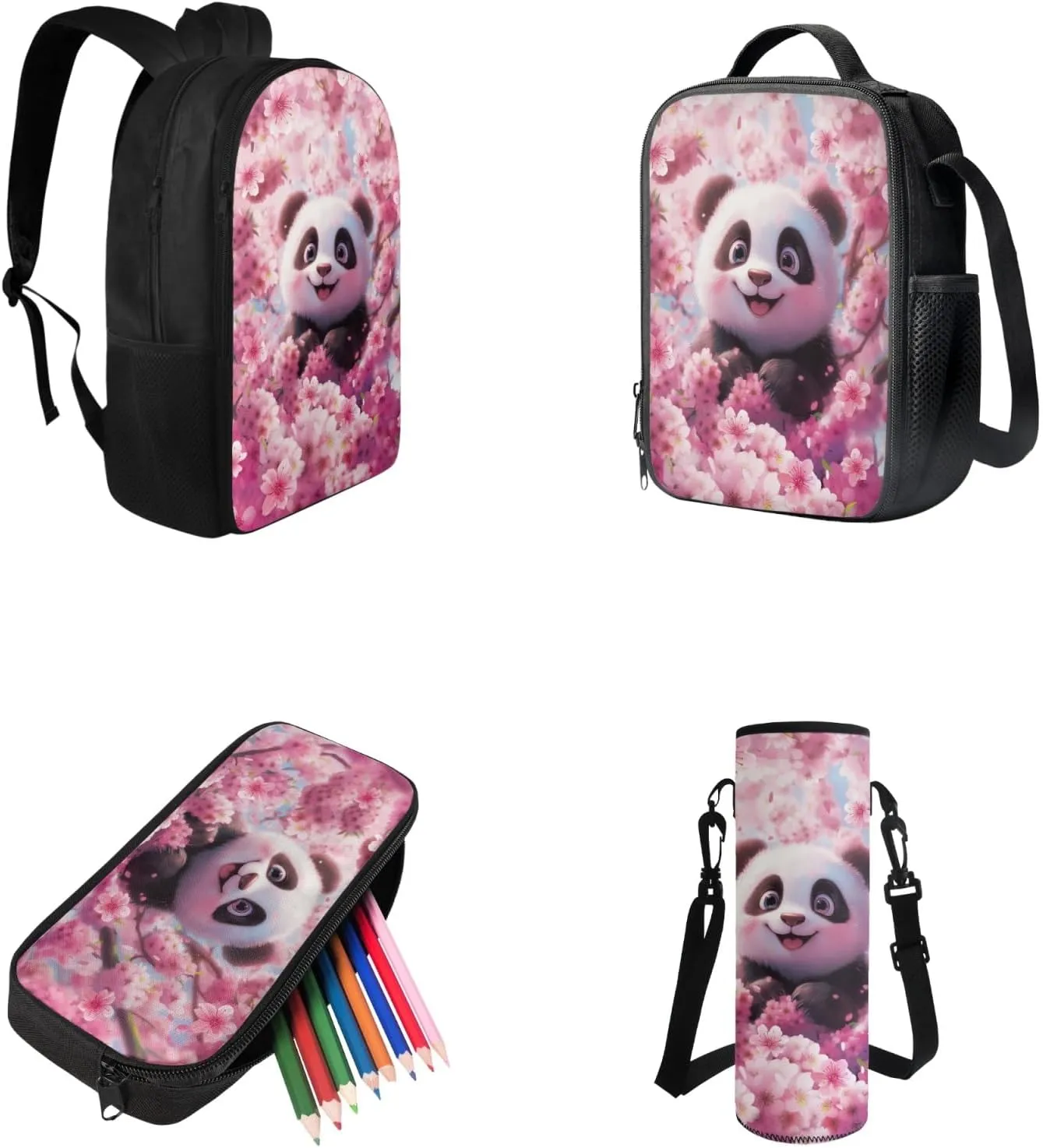 Cute Panda School Bags for Girls 4-6, Adorable Backpacks for Girls with Lunch Box Lightweight Pencil Case and Water Bottle Holder 4 PCS Set for Girl Back to School Multifunctional Use