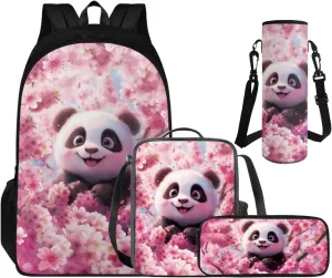 Cute Panda School Bags for Girls 4-6, Adorable Backpacks for Girls with Lunch Box Lightweight Pencil Case and Water Bottle Holder 4 PCS Set for Girl Back to School Multifunctional Use