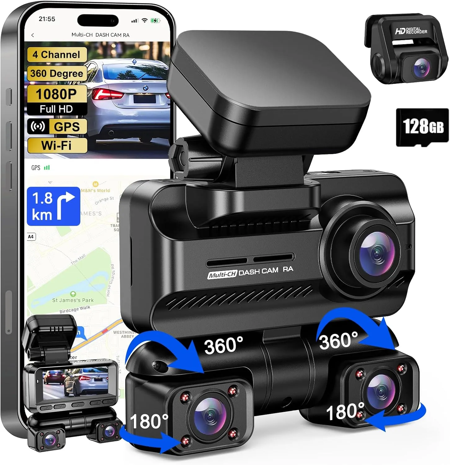 Dash Cam 4 Channel 360° Front Rear Inside DashCam, 4K Full HD Dashcam Car Camera, Free 128GB Card, Built-in Wi-Fi GPS Dashcams, 3.18” IPS Screen, WDR Night Vision, 24H Parking Mode (XJDC001)