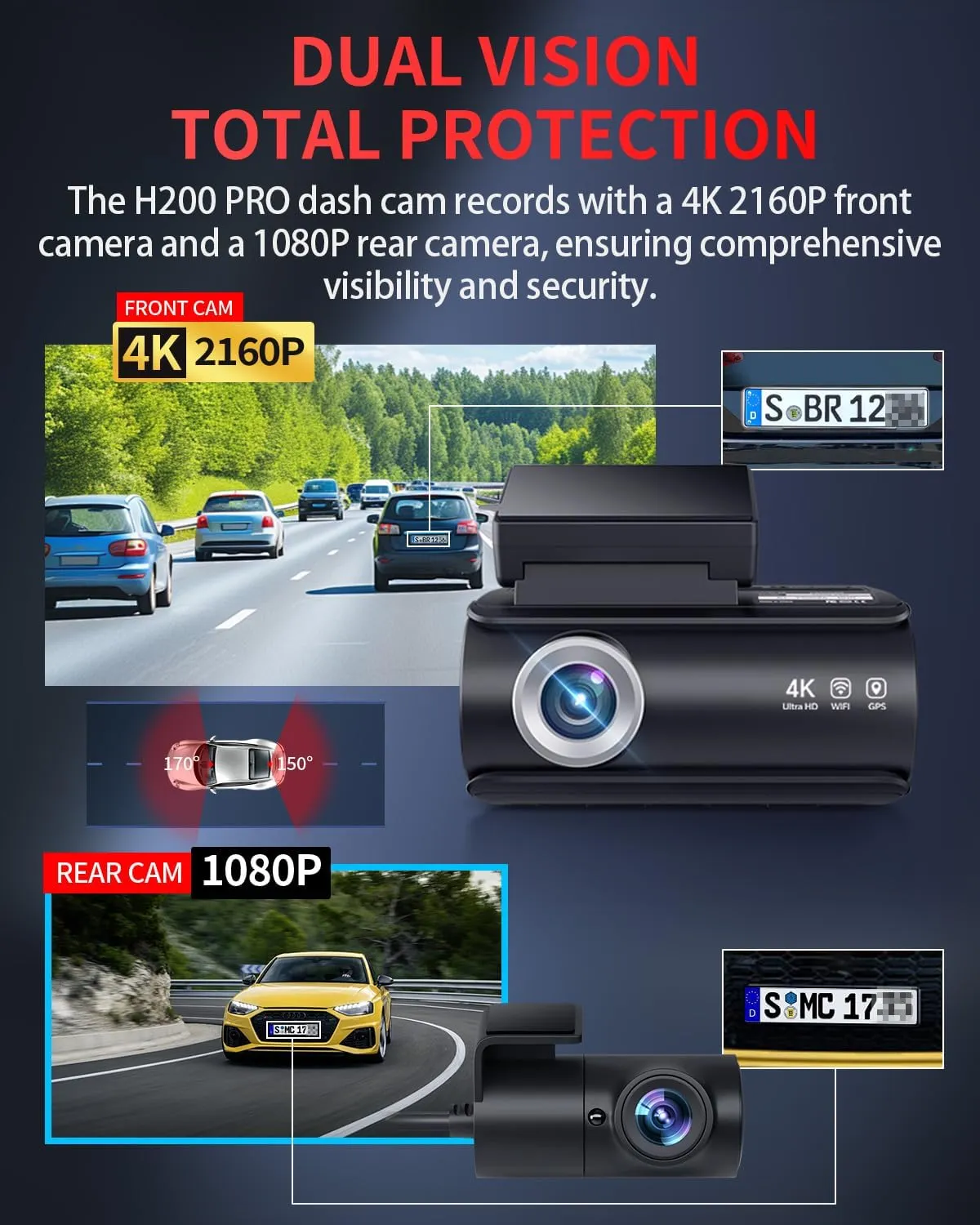 Dash Cam Front and Rear, 4K Full HD Dual Dash Camera for Cars, Built-in Memory Card Monitoring, 64GB Card, 5G WiFi GPS, Car Camera with 3" IPS Screen, 2160P Night Vision, 24H Parking Monitor