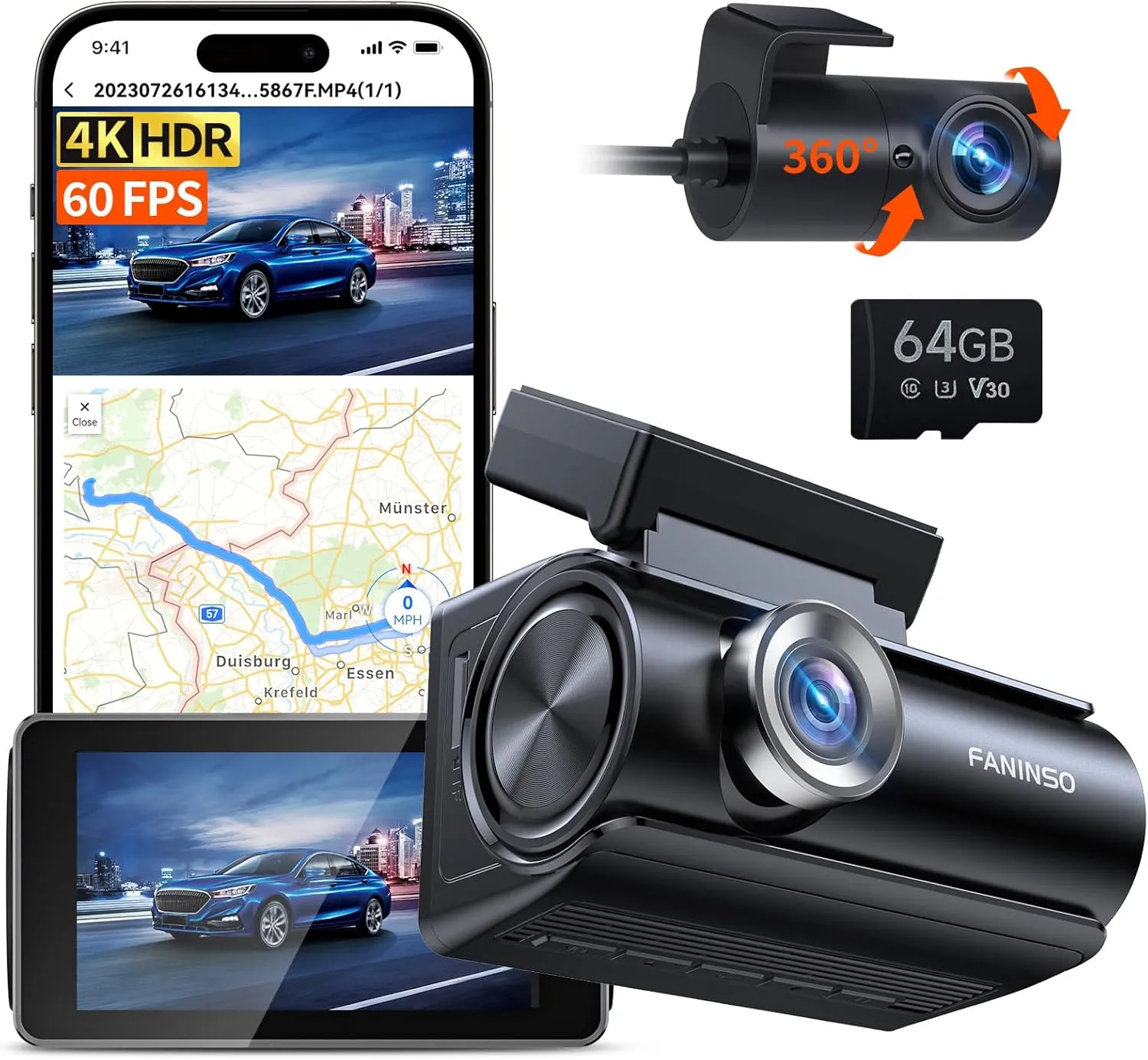 Dash Cam Front and Rear, 4K Full HD Dual Dash Camera for Cars, Built-in Memory Card Monitoring, 64GB Card, 5G WiFi GPS, Car Camera with 3" IPS Screen, 2160P Night Vision, 24H Parking Monitor