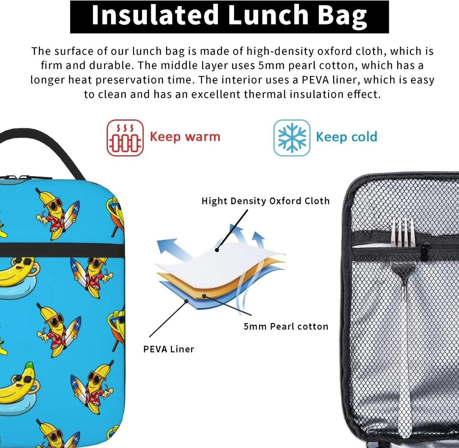DEKIFNHG Funny Banana Insulated Lunch Box Portable Lunch Bag with Detachable Handle,Reusable Lunchbox for Boys Girls Men Women