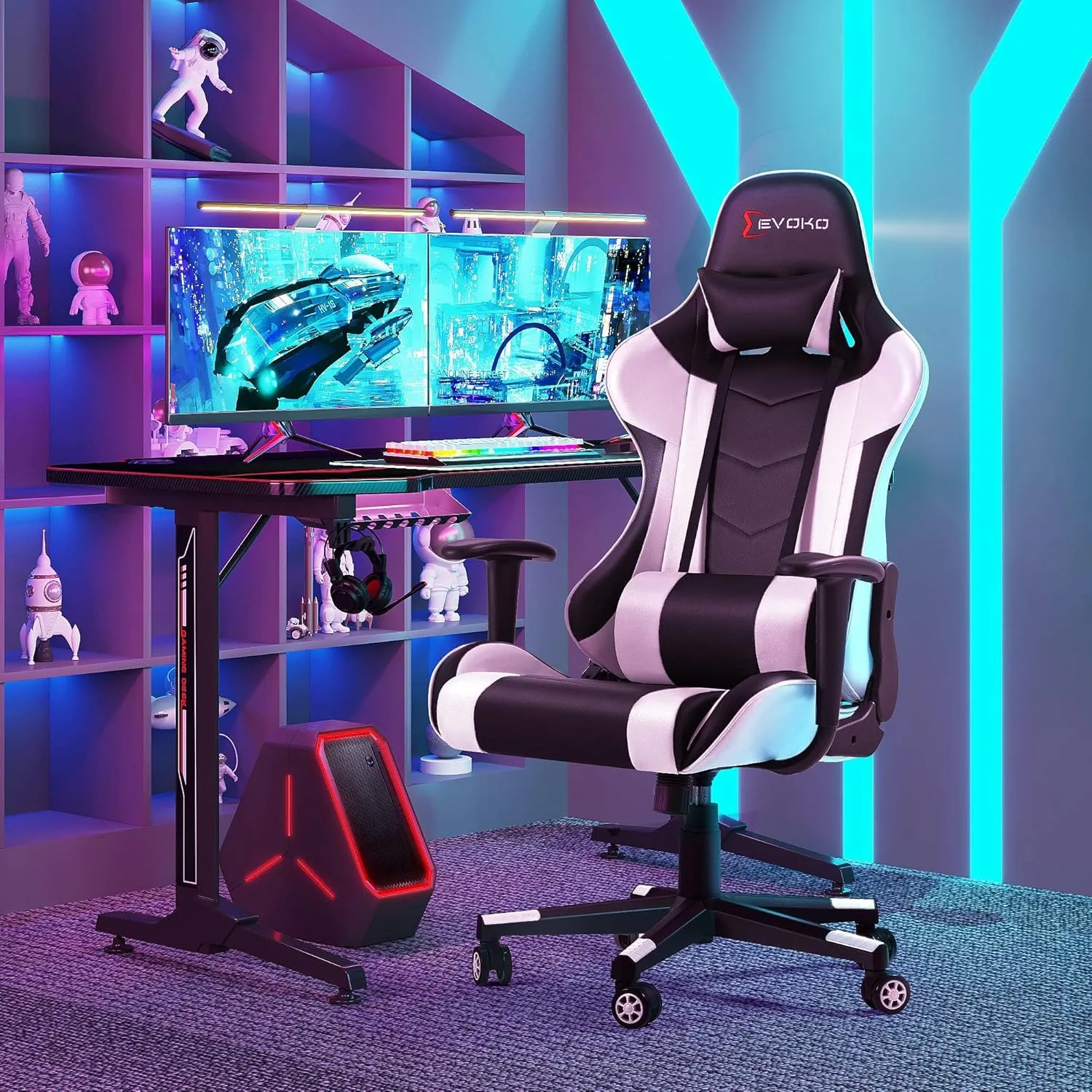 Devoko Ergonomic Gaming Chair Racing Style Adjustable Height High Back PC Computer Chair with Headrest and Lumbar Support Executive Office Chair (White)