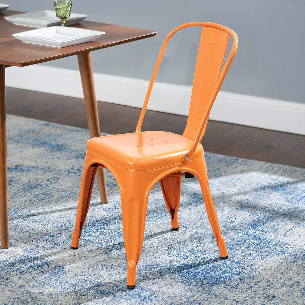 Devoko Metal Indoor-Outdoor Chairs Distressed Style Kitchen Dining Chairs Stackable Side Chair with Back Set of 4 (Orange)