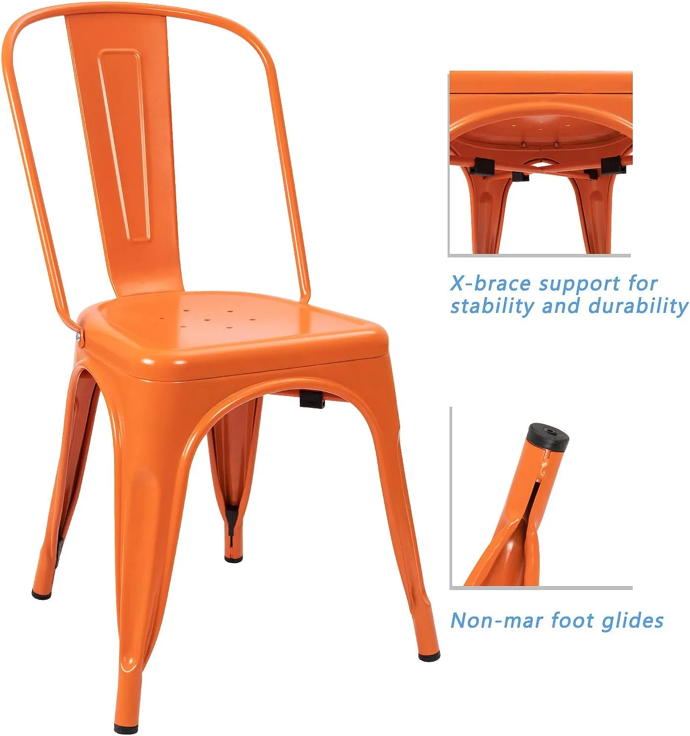 Devoko Metal Indoor-Outdoor Chairs Distressed Style Kitchen Dining Chairs Stackable Side Chair with Back Set of 4 (Orange)