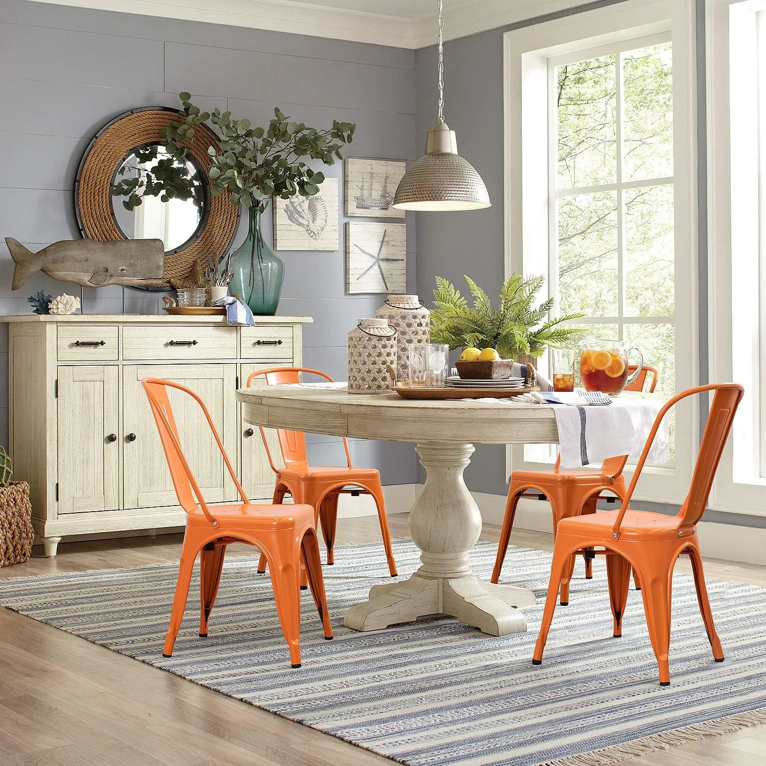 Devoko Metal Indoor-Outdoor Chairs Distressed Style Kitchen Dining Chairs Stackable Side Chair with Back Set of 4 (Orange)