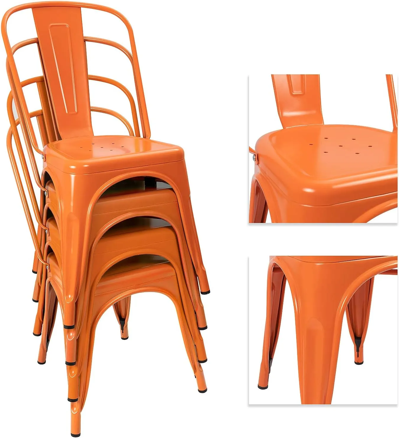 Devoko Metal Indoor-Outdoor Chairs Distressed Style Kitchen Dining Chairs Stackable Side Chair with Back Set of 4 (Orange)