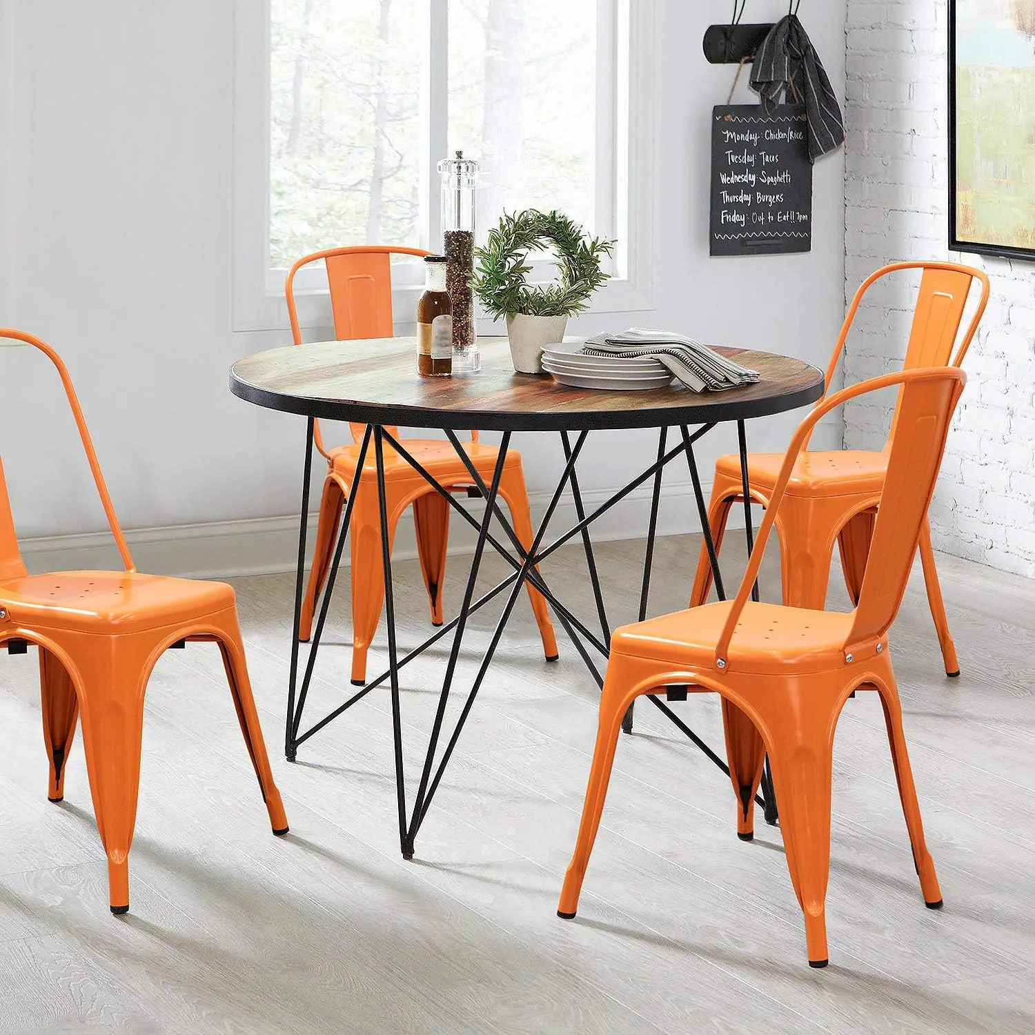 Devoko Metal Indoor-Outdoor Chairs Distressed Style Kitchen Dining Chairs Stackable Side Chair with Back Set of 4 (Orange)
