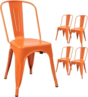 Devoko Metal Indoor-Outdoor Chairs Distressed Style Kitchen Dining Chairs Stackable Side Chair with Back Set of 4 (Orange)