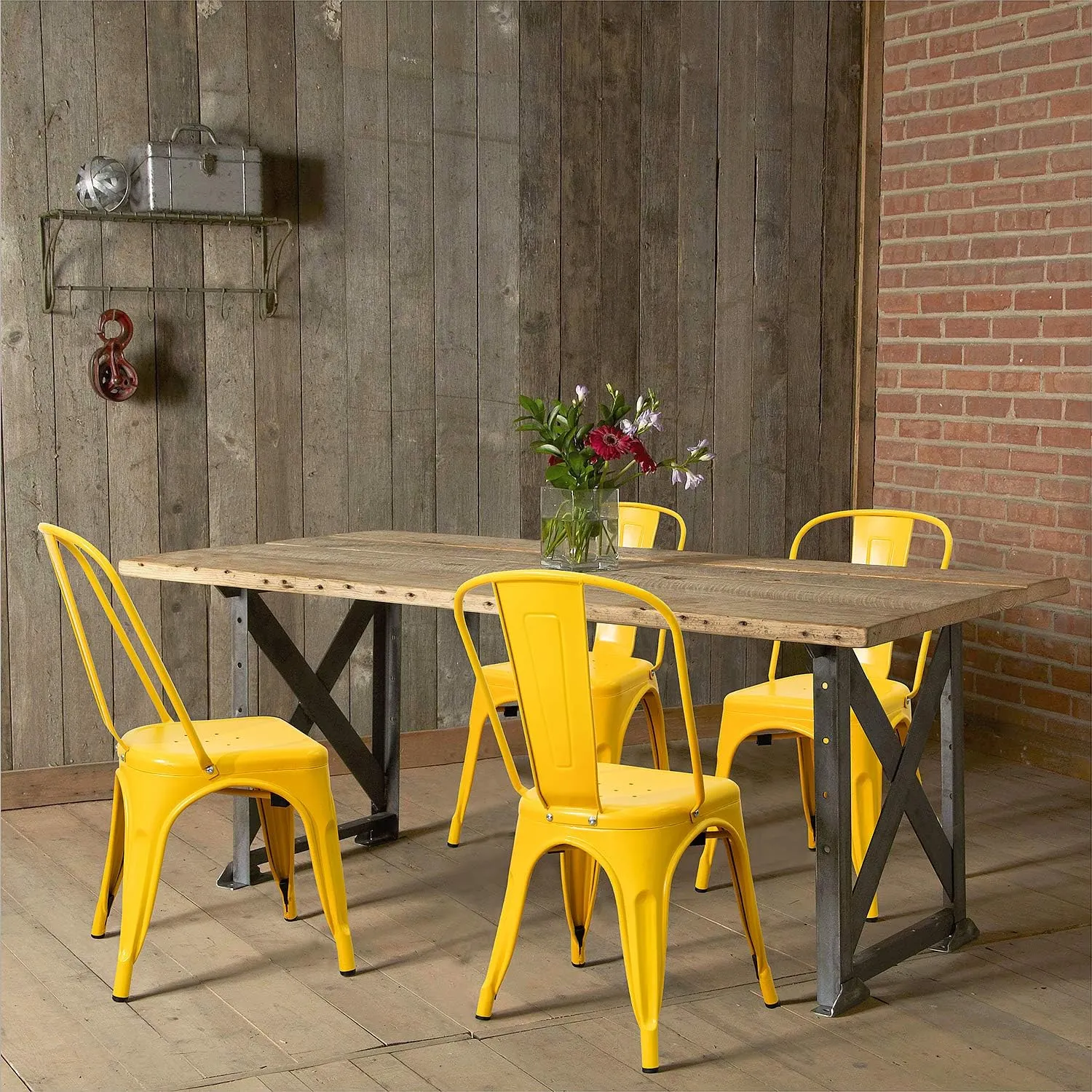 Devoko Metal Indoor-Outdoor Chairs Distressed Style Kitchen Dining Chairs Stackable Side Chair with Back Set of 4 (Yellow)
