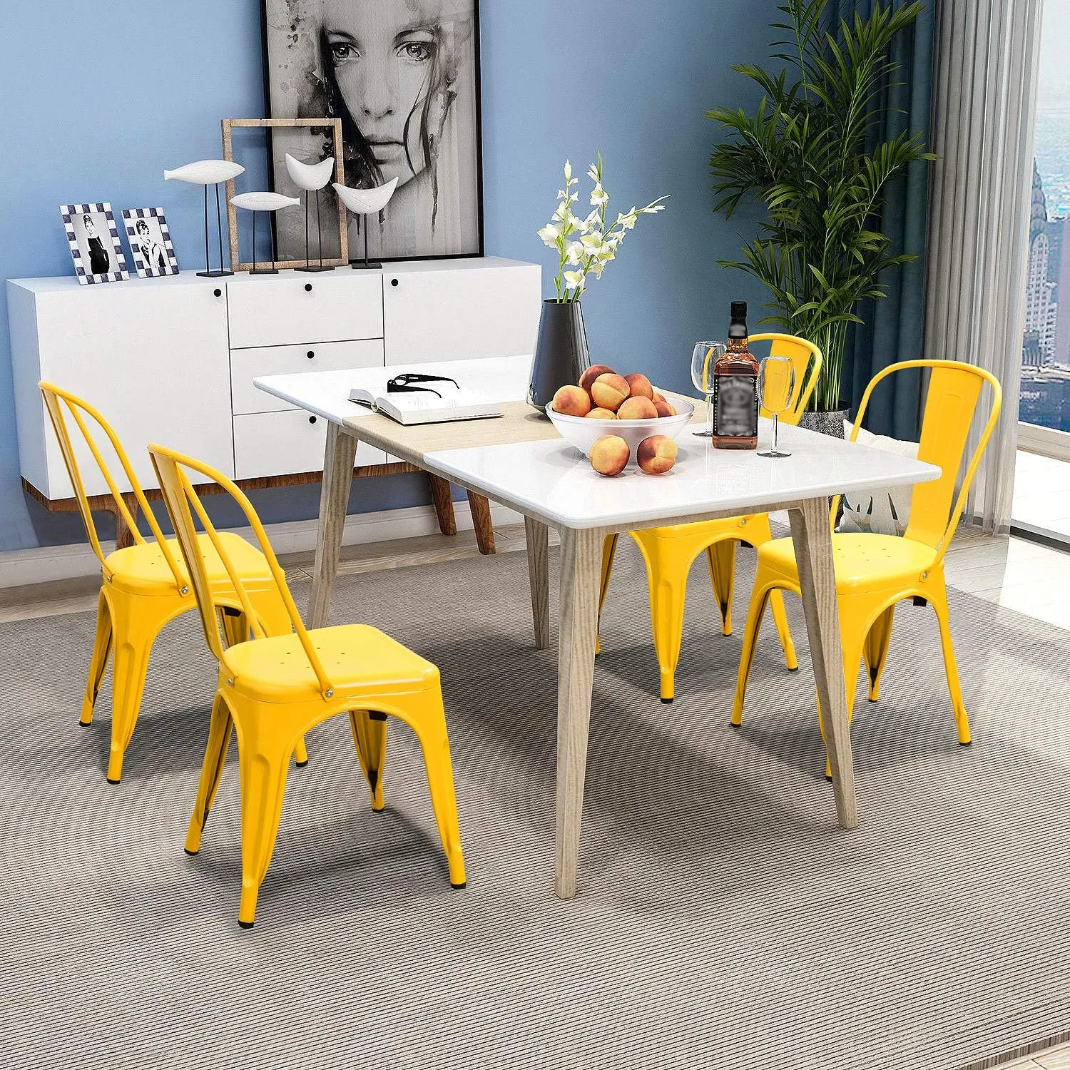 Devoko Metal Indoor-Outdoor Chairs Distressed Style Kitchen Dining Chairs Stackable Side Chair with Back Set of 4 (Yellow)