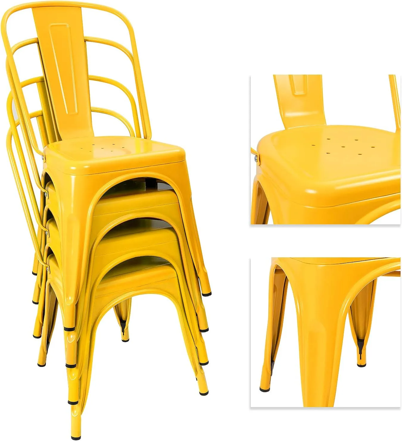 Devoko Metal Indoor-Outdoor Chairs Distressed Style Kitchen Dining Chairs Stackable Side Chair with Back Set of 4 (Yellow)