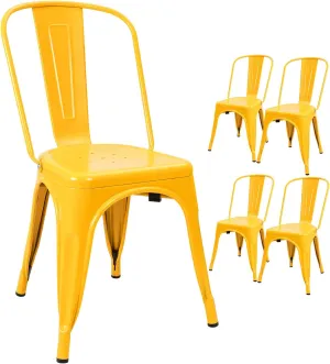 Devoko Metal Indoor-Outdoor Chairs Distressed Style Kitchen Dining Chairs Stackable Side Chair with Back Set of 4 (Yellow)