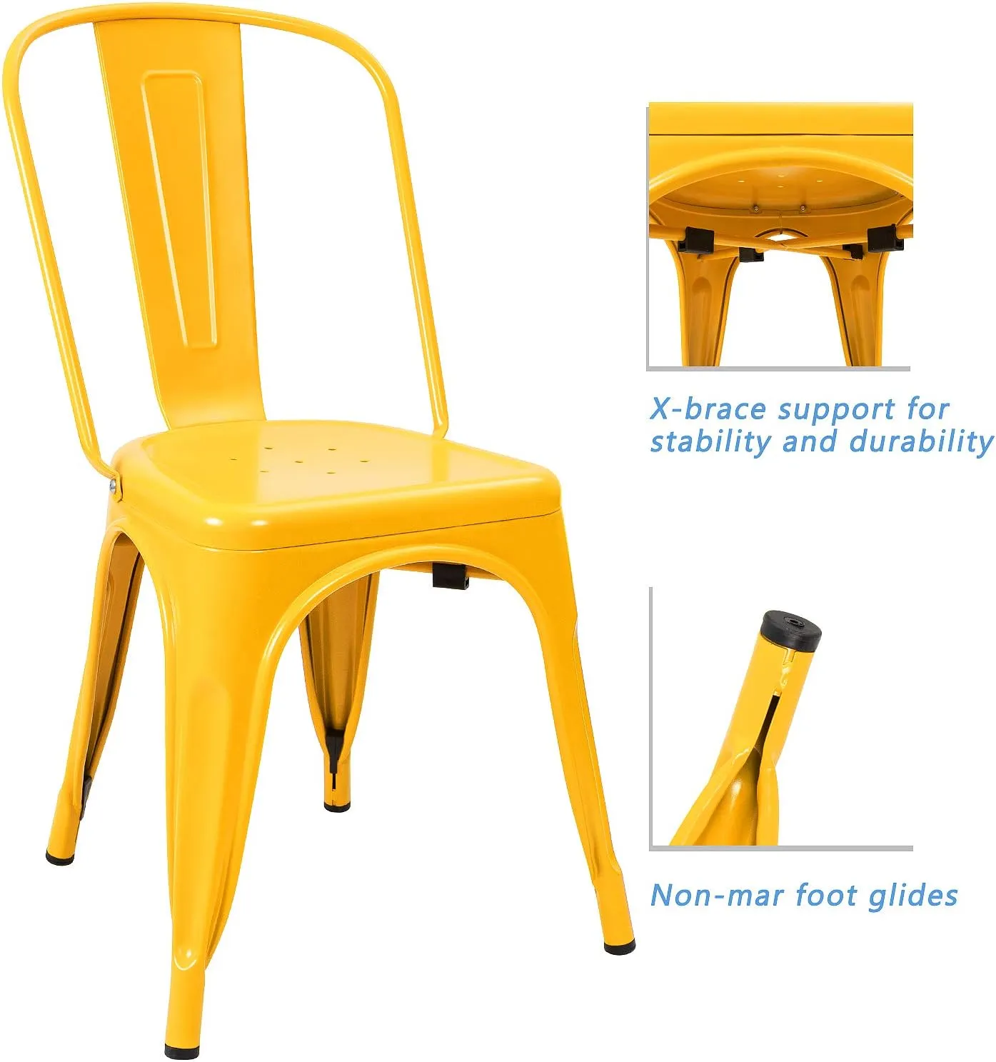 Devoko Metal Indoor-Outdoor Chairs Distressed Style Kitchen Dining Chairs Stackable Side Chair with Back Set of 4 (Yellow)