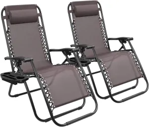 Devoko Patio Zero Gravity Chair Outdoor Folding Adjustable Reclining Chairs Pool Side Using Lawn Lounge Chair with Pillow Set of 2 (Brown)