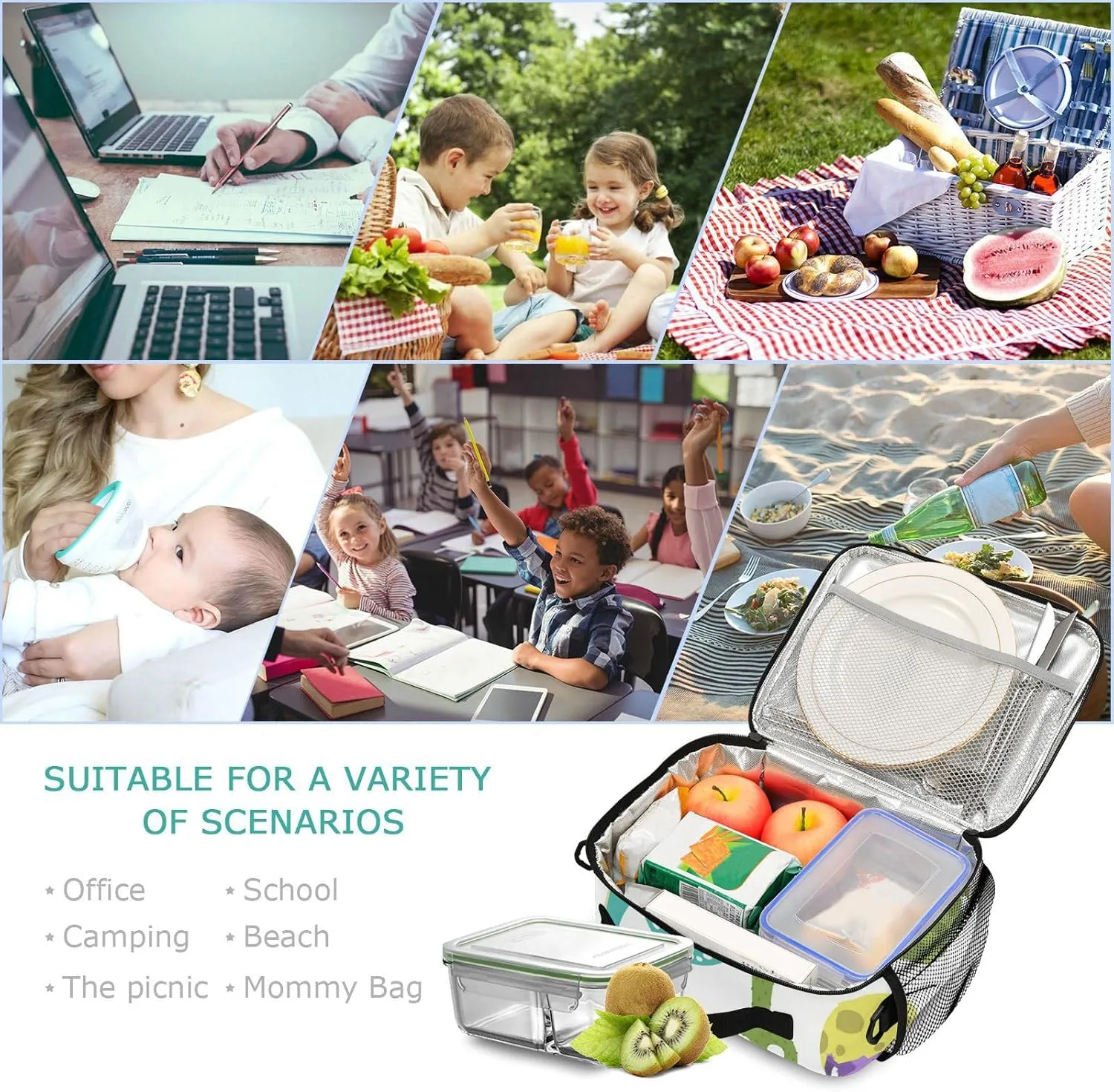 Dinosaur Clouds Stones Lunch Bag for Women Men Prehistoric Animals Insulated Cooler Tote Bag with Adjustable Shoulder Strap Large Capacity Reusable Leakproof Picnic Lunch Box Outdoor for Adult Office