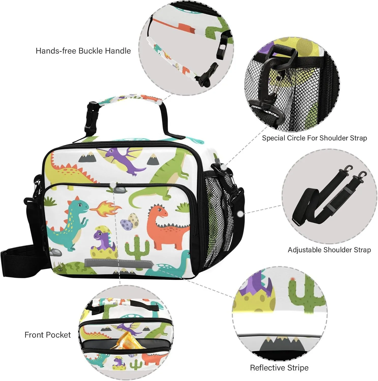 Dinosaur Clouds Stones Lunch Bag for Women Men Prehistoric Animals Insulated Cooler Tote Bag with Adjustable Shoulder Strap Large Capacity Reusable Leakproof Picnic Lunch Box Outdoor for Adult Office