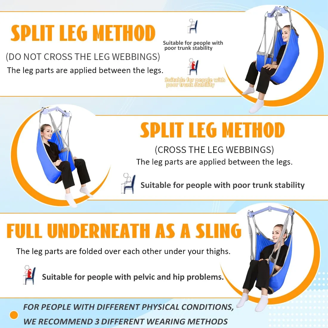 Divided Leg Patient Lift Sling for Elderly/Bariatric Transfer, Shower, Bath and Toileting,with 1pc Laundry Bag (Blue, Medium)