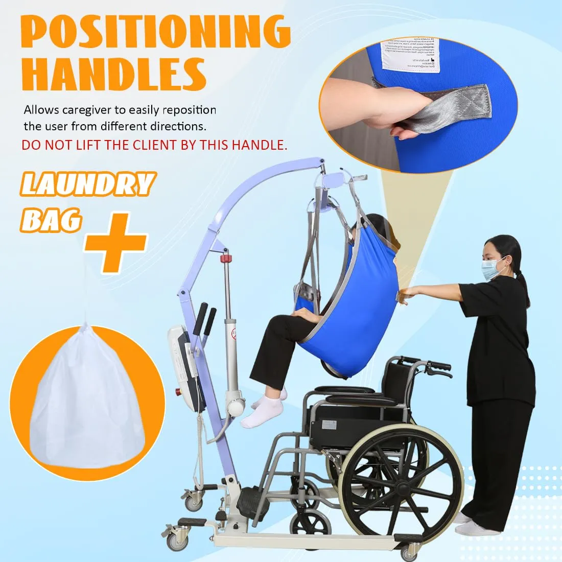 Divided Leg Patient Lift Sling for Elderly/Bariatric Transfer, Shower, Bath and Toileting,with 1pc Laundry Bag (Blue, Medium)