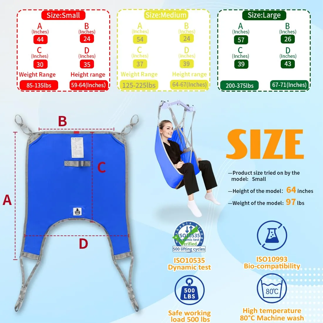Divided Leg Patient Lift Sling for Elderly/Bariatric Transfer, Shower, Bath and Toileting,with 1pc Laundry Bag (Blue, Medium)