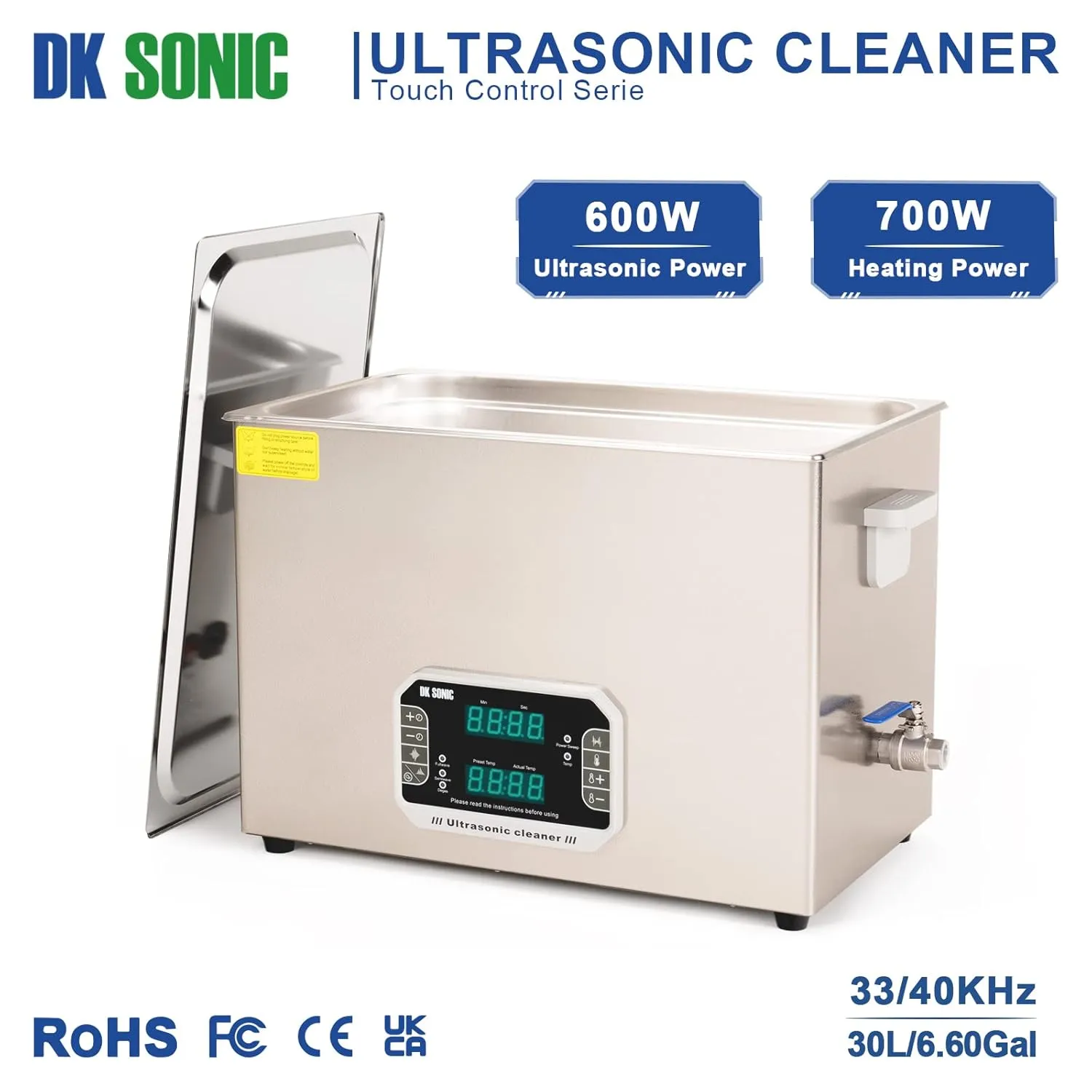 DK SONIC Touch Ultrasonic Cleaner with Heater,Digital Timer and Basket Multiple Cleaning Mode for Lab Tools, Metal Parts, Carburetor, Auto Parts, Engine Parts, etc (30L, 110V)