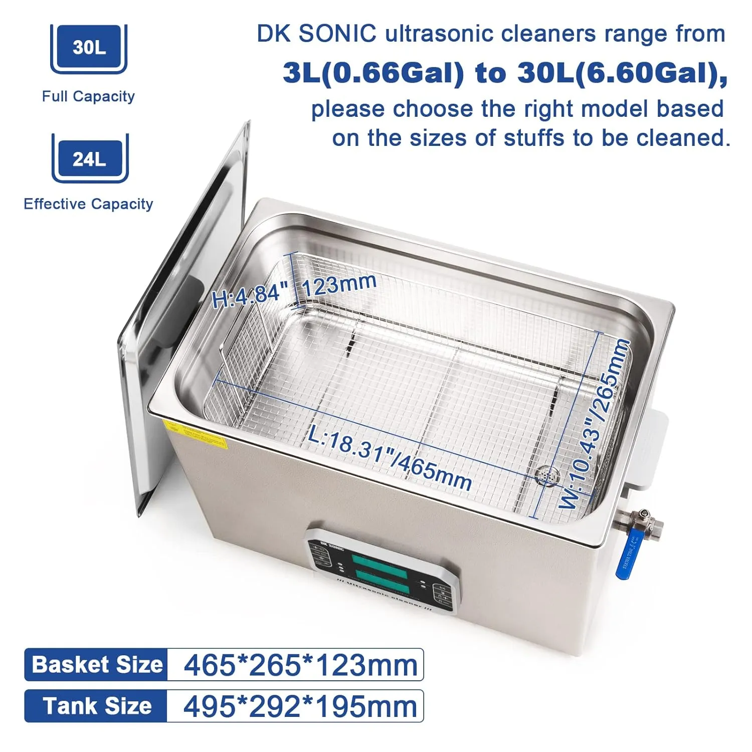 DK SONIC Touch Ultrasonic Cleaner with Heater,Digital Timer and Basket Multiple Cleaning Mode for Lab Tools, Metal Parts, Carburetor, Auto Parts, Engine Parts, etc (30L, 110V)