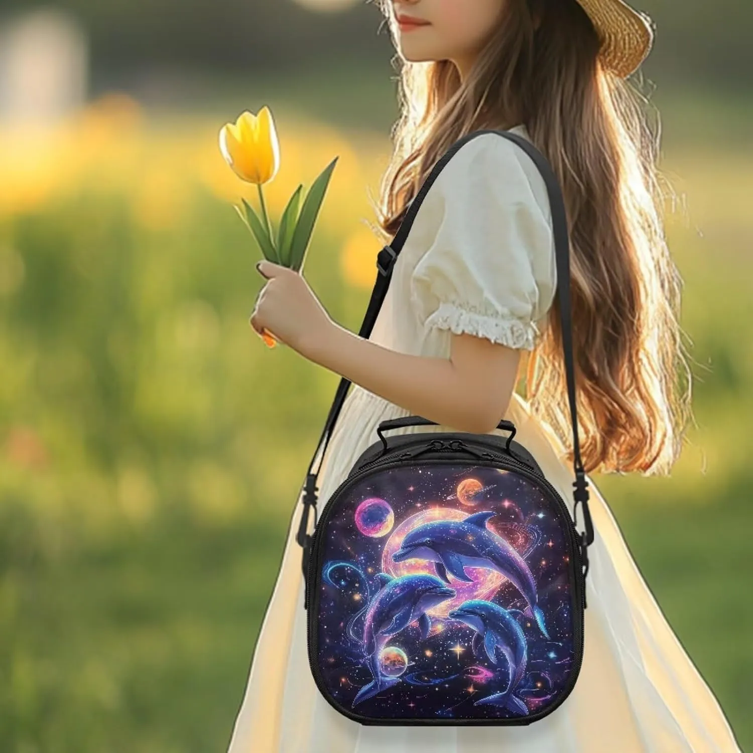 Dolphin Lunch Bags for Kids Back to School Insulated Leakproof Lunch Box Cooler Planet Space Lunchbox Food Containers Soft Meal Prep Container with Adjustable Shoulder Strap