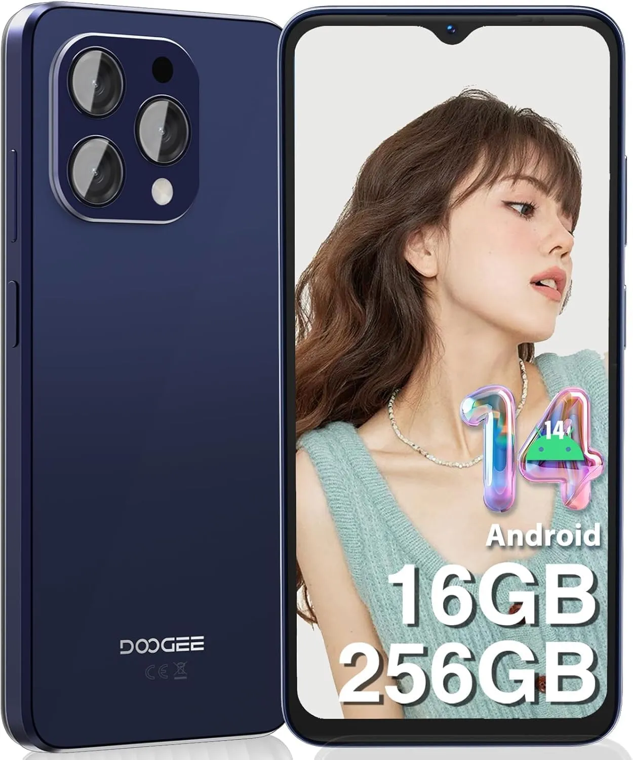 DOOGEE N55 Pro Android Phone, Unlocked Phone with 16GB RAM 256GB ROM, 6.56" HD  90Hz IPS Waterdrop Screen, Octa Core, 5150mAh, Dual SIM Android 14 Smartphone, Face Unlock,Dark Blue