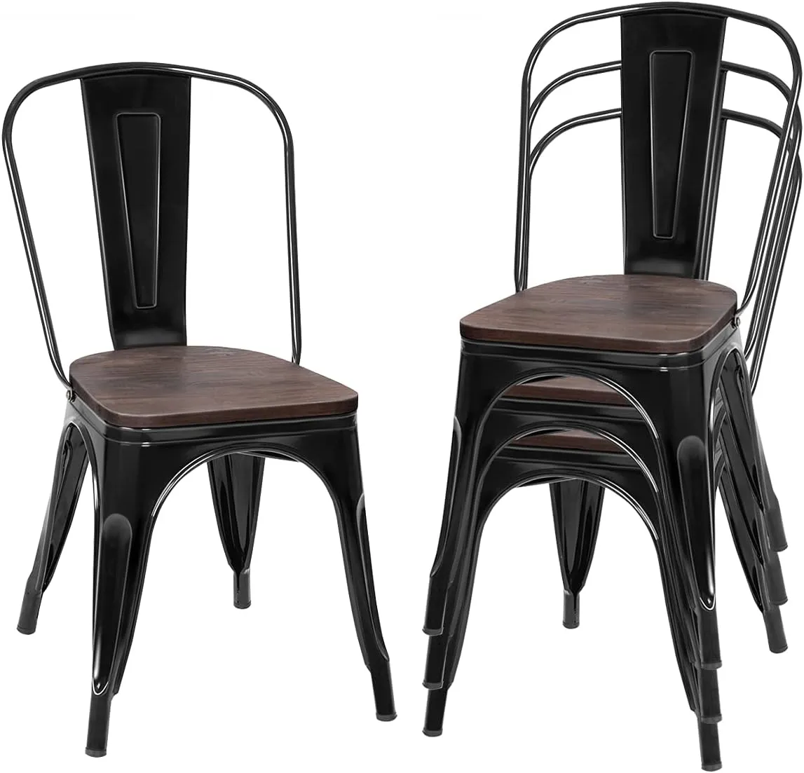 DORTALA Dining Chairs Set of 4, Metal Stackable Dining Chairs w/Wood Seat and Rubber Protectors, Kitchen Side Chair for Kitchen, Black