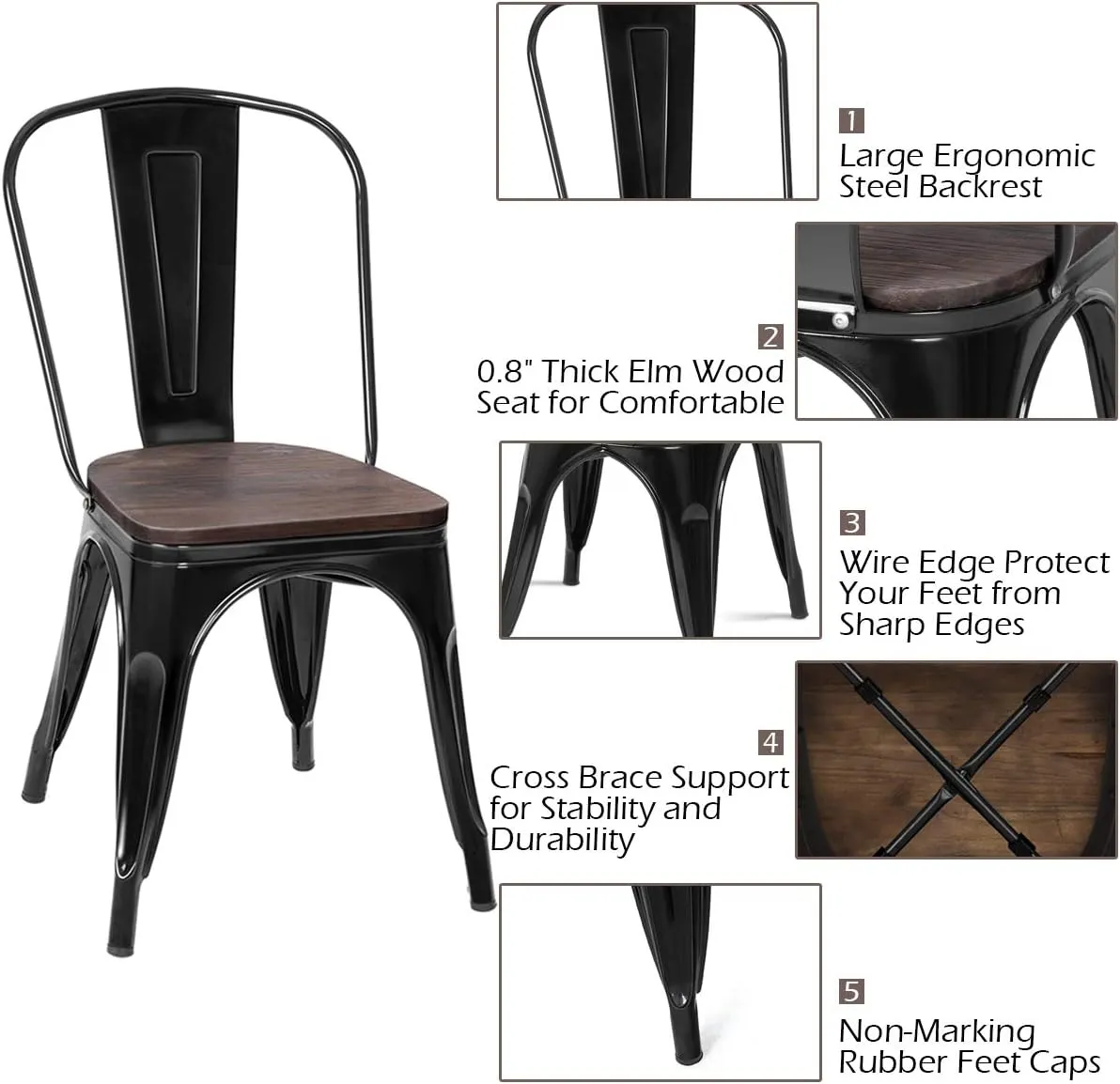 DORTALA Dining Chairs Set of 4, Metal Stackable Dining Chairs w/Wood Seat and Rubber Protectors, Kitchen Side Chair for Kitchen, Black