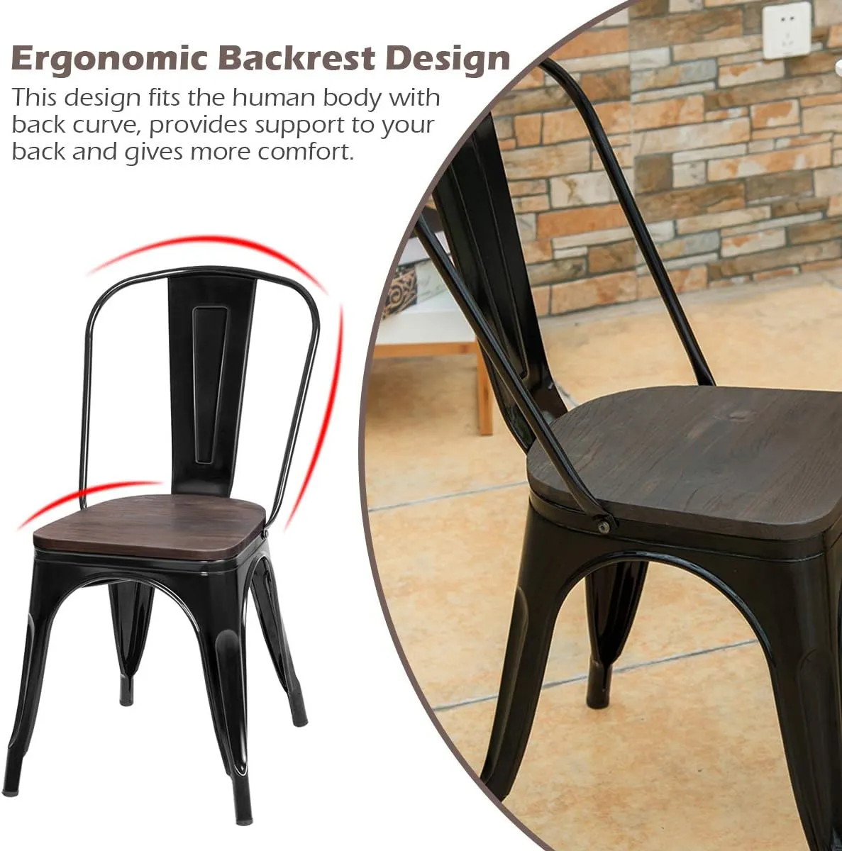 DORTALA Dining Chairs Set of 4, Metal Stackable Dining Chairs w/Wood Seat and Rubber Protectors, Kitchen Side Chair for Kitchen, Black