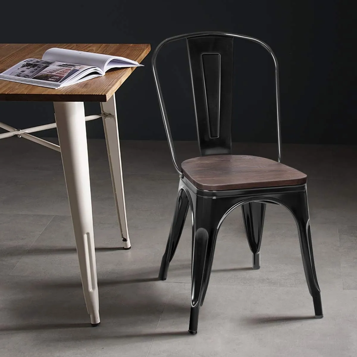 DORTALA Dining Chairs Set of 4, Metal Stackable Dining Chairs w/Wood Seat and Rubber Protectors, Kitchen Side Chair for Kitchen, Black