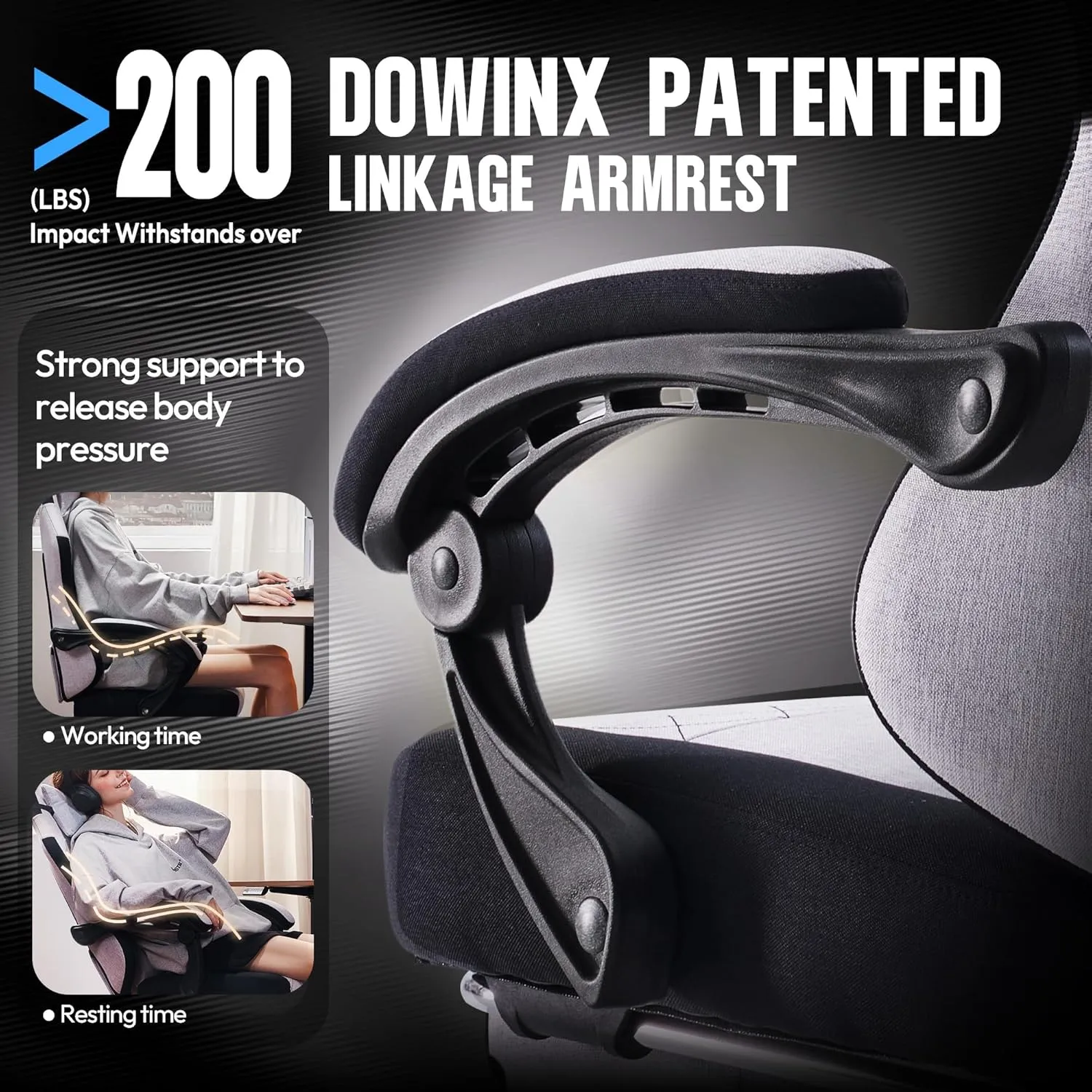 Dowinx Fabric Gaming Chair, Ergonomic Computer Chair with Footrest and Pocket Spring Cushion, Height Adjustable Video Gamer Chair with Lumbar Support for Adults, White Grey