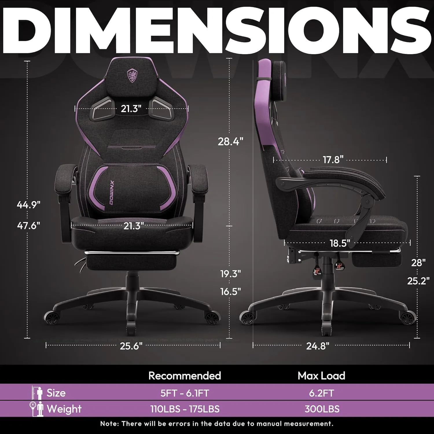 Dowinx Fabric Gaming Chair with Footrest, Big and Tall Ergonomic Gamer Chair with Lumbar Support, Wide Back Computer Chair for Heavy People, Purple