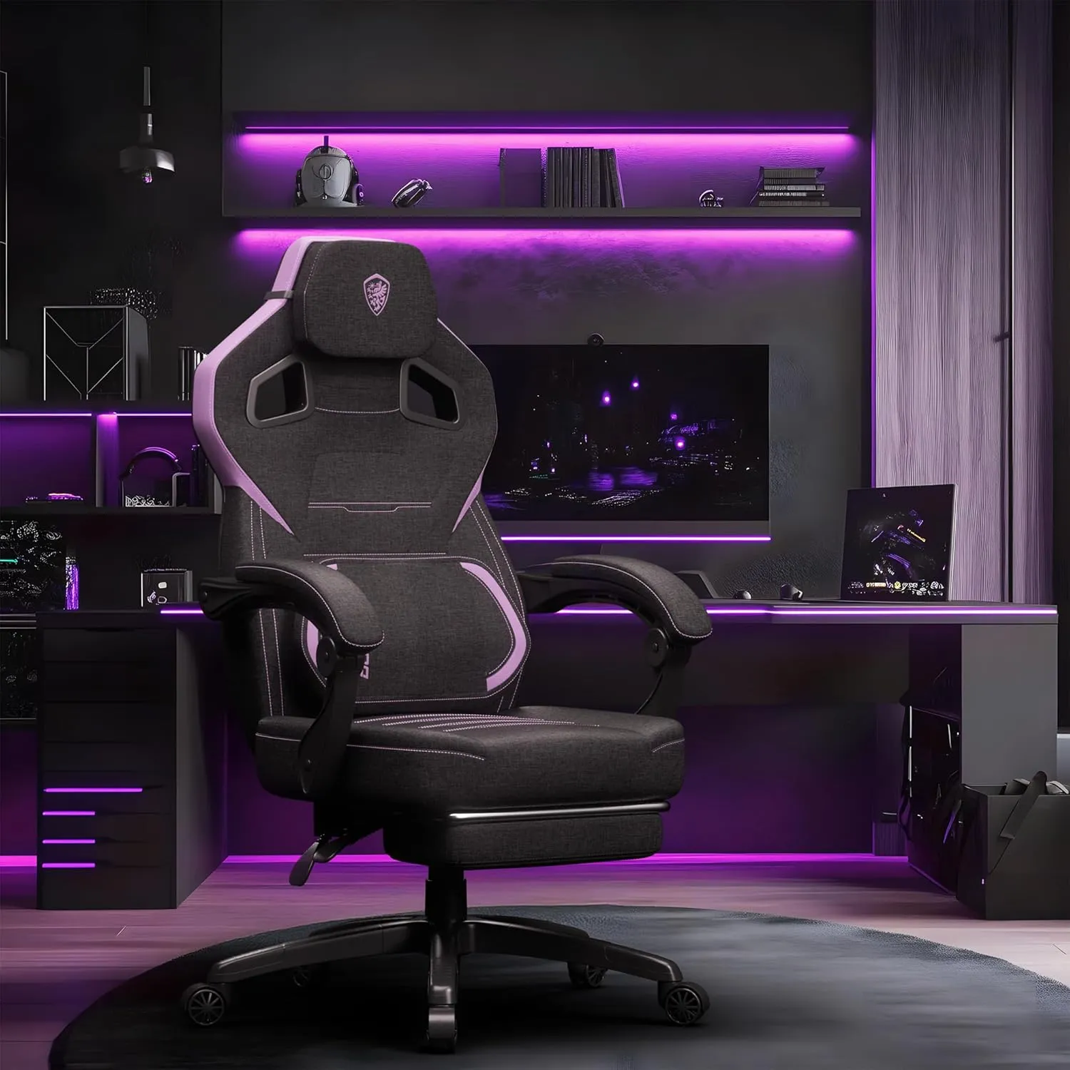 Dowinx Fabric Gaming Chair with Footrest, Big and Tall Ergonomic Gamer Chair with Lumbar Support, Wide Back Computer Chair for Heavy People, Purple
