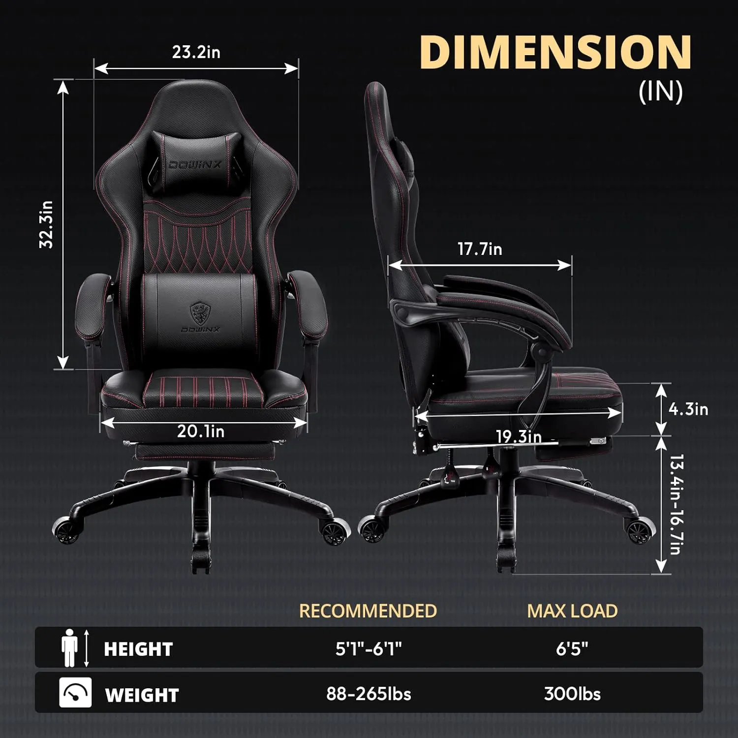 Dowinx Gaming Chair Breathable PU Leather Gamer Chair with Pocket Spring Cushion, Ergonomic Computer Chair with Massage Lumbar Support,Adjustable Swivel Task Chair with Footrest(Black)