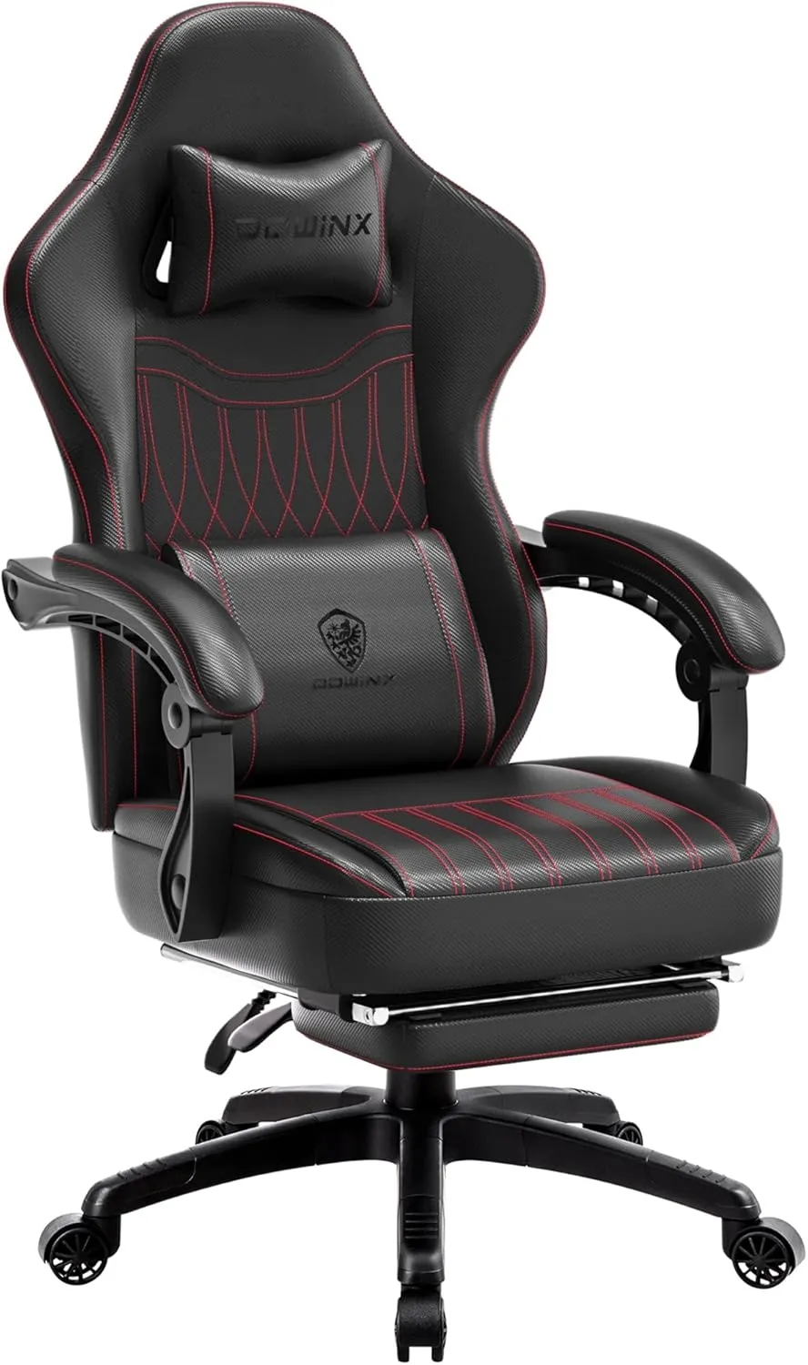 Dowinx Gaming Chair Breathable PU Leather Gamer Chair with Pocket Spring Cushion, Ergonomic Computer Chair with Massage Lumbar Support,Adjustable Swivel Task Chair with Footrest(Black)