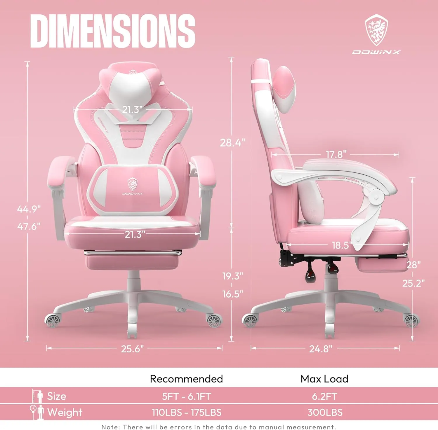 Dowinx Gaming Chair with Footrest, Big and Tall Gaming Chair for Heavy People, Computer/PC Gamer Chair for Adult with Massage (Pink)