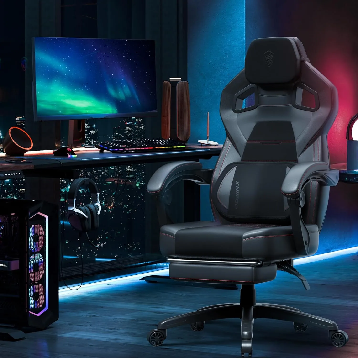 Dowinx Gaming Chair with Footrest, Big and Tall Gaming Chair for Heavy People, Gamer Chair for Adult with Massage, Ergonomic Gaming Chair with headrest, Computer Game Chair for 200lbs, Black