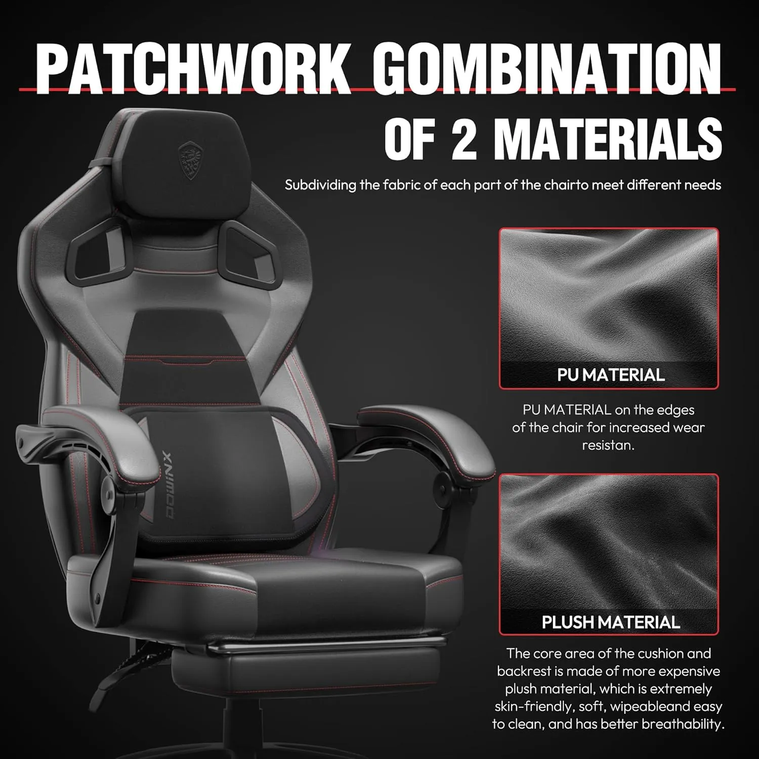 Dowinx Gaming Chair with Footrest, Big and Tall Gaming Chair for Heavy People, Gamer Chair for Adult with Massage, Ergonomic Gaming Chair with headrest, Computer Game Chair for 200lbs, Black
