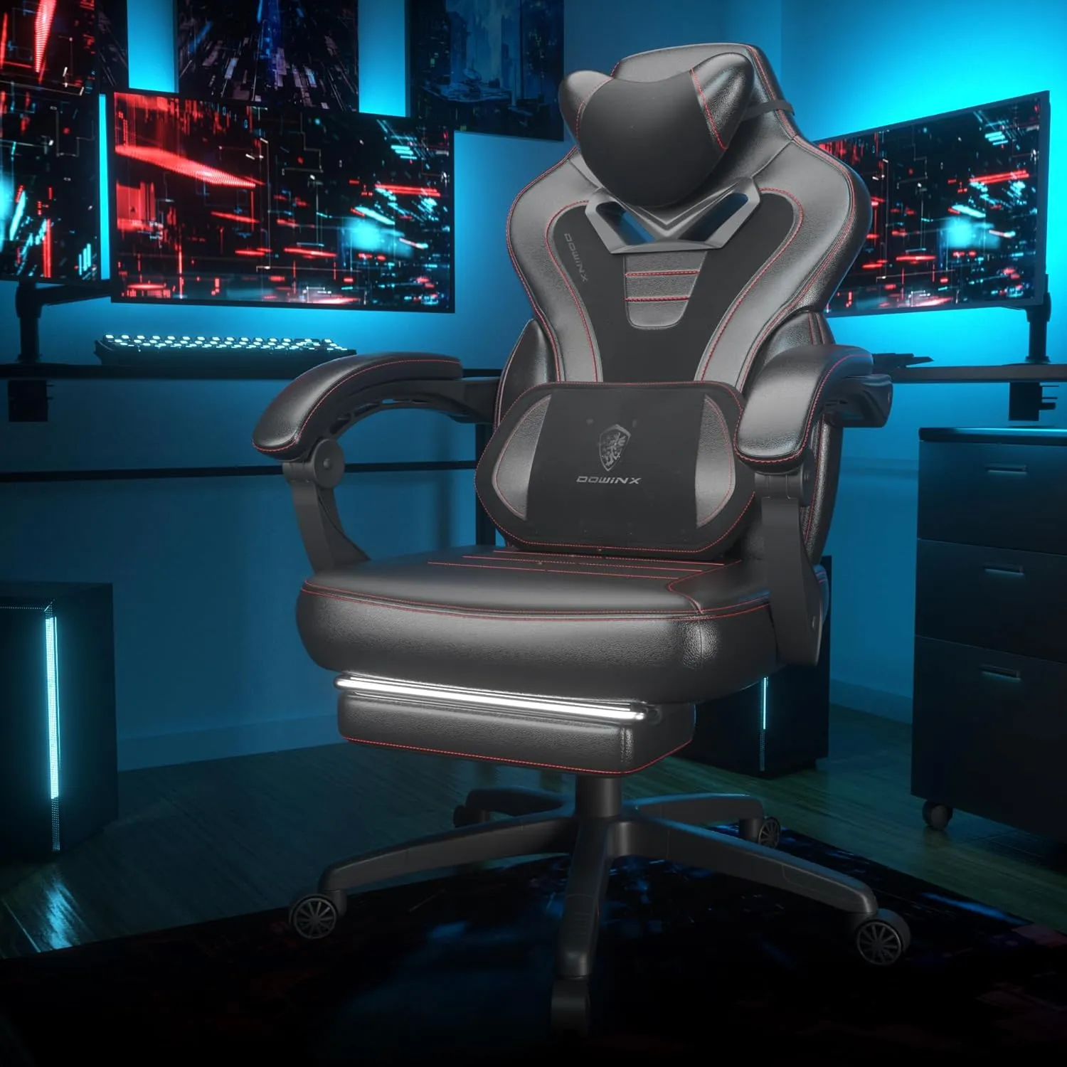 Dowinx Gaming Chair with Footrest, Game Chair for Heavy People, Gamer Chair for Adult with Massage, Computer Gaming Chair with PU, PC Game Chairs for 200lbs (Black)