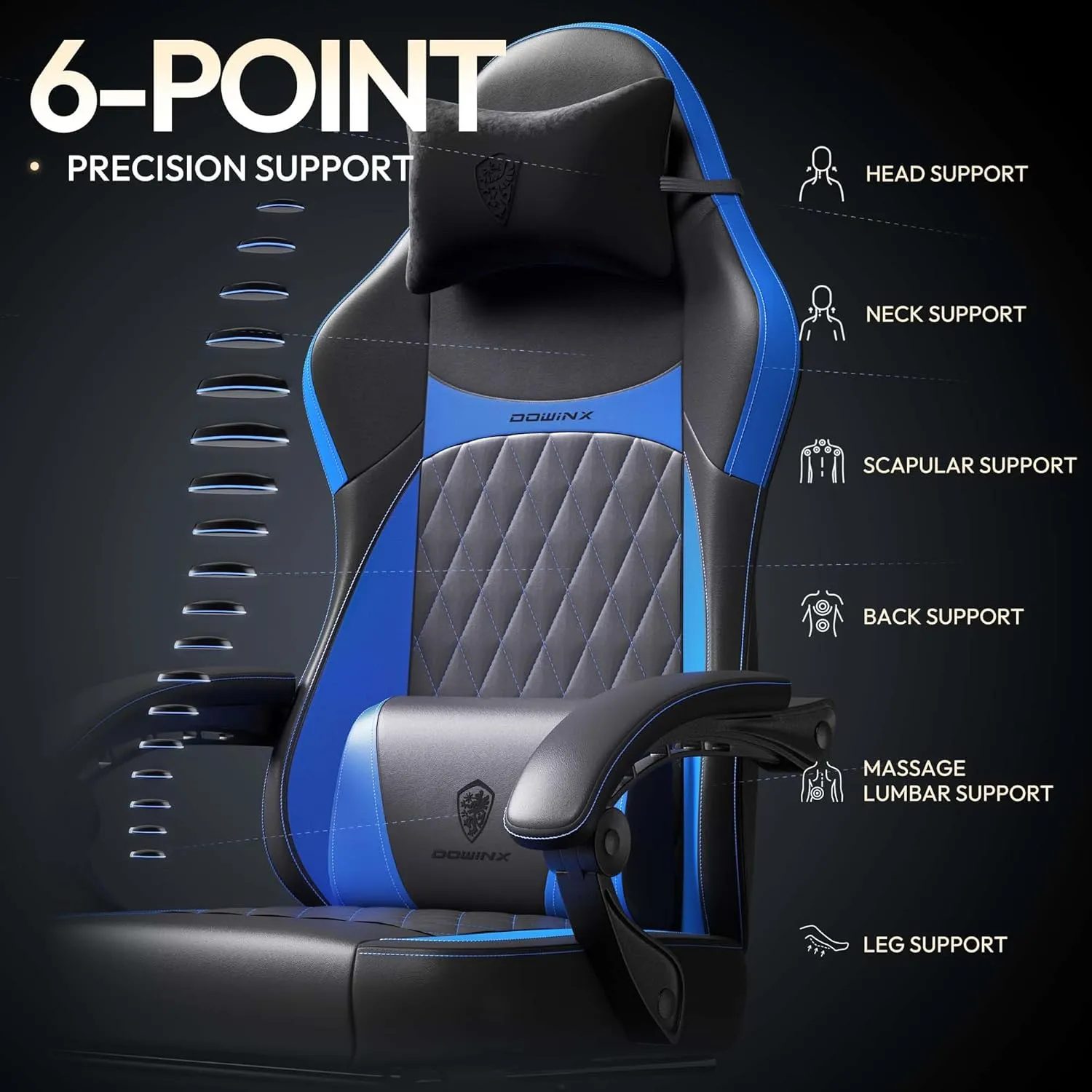 Dowinx Gaming Chair with Pocket Spring Cushion, Ergonomic Computer Chair with Massage Lumbar and Footrest for Adults, High Back Game Chair Leather for Office Gaming 300LBS, Blue New