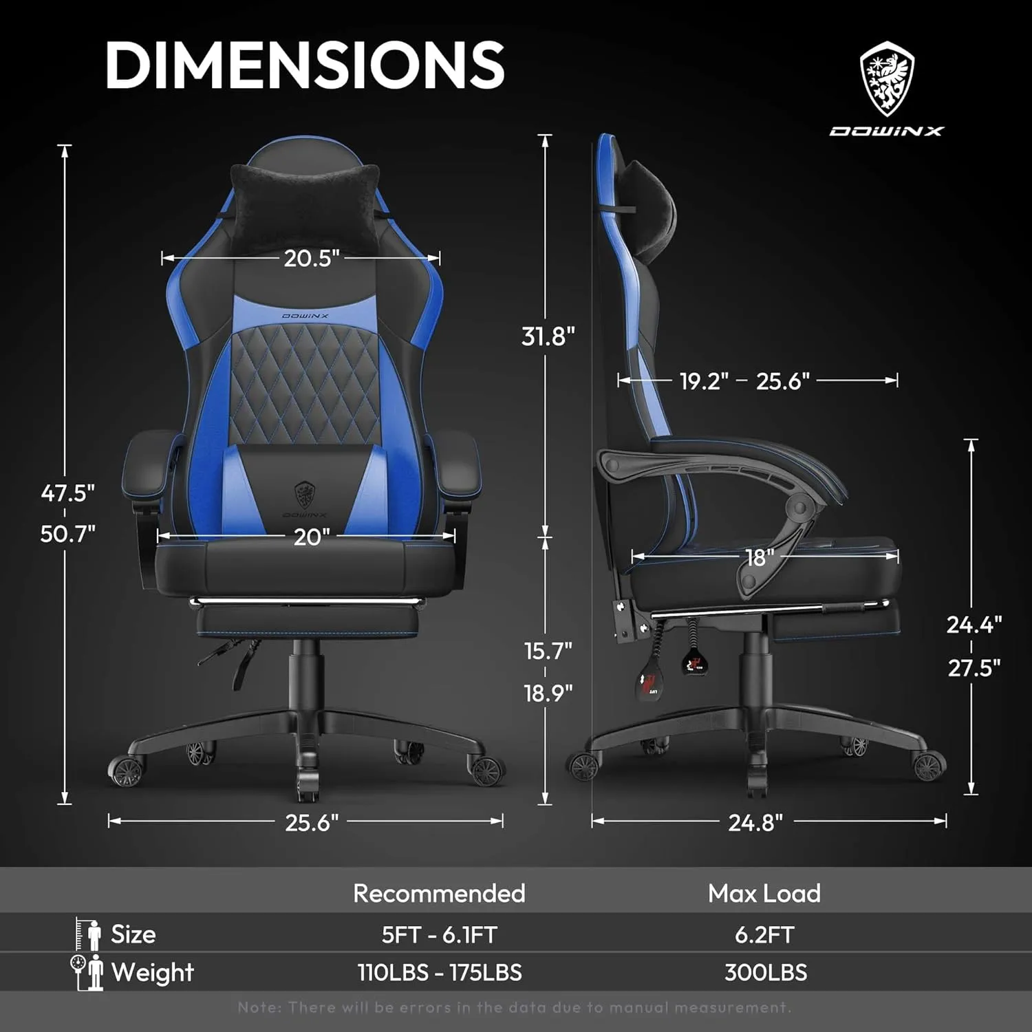 Dowinx Gaming Chair with Pocket Spring Cushion, Ergonomic Computer Chair with Massage Lumbar and Footrest for Adults, High Back Game Chair Leather for Office Gaming 300LBS, Blue New