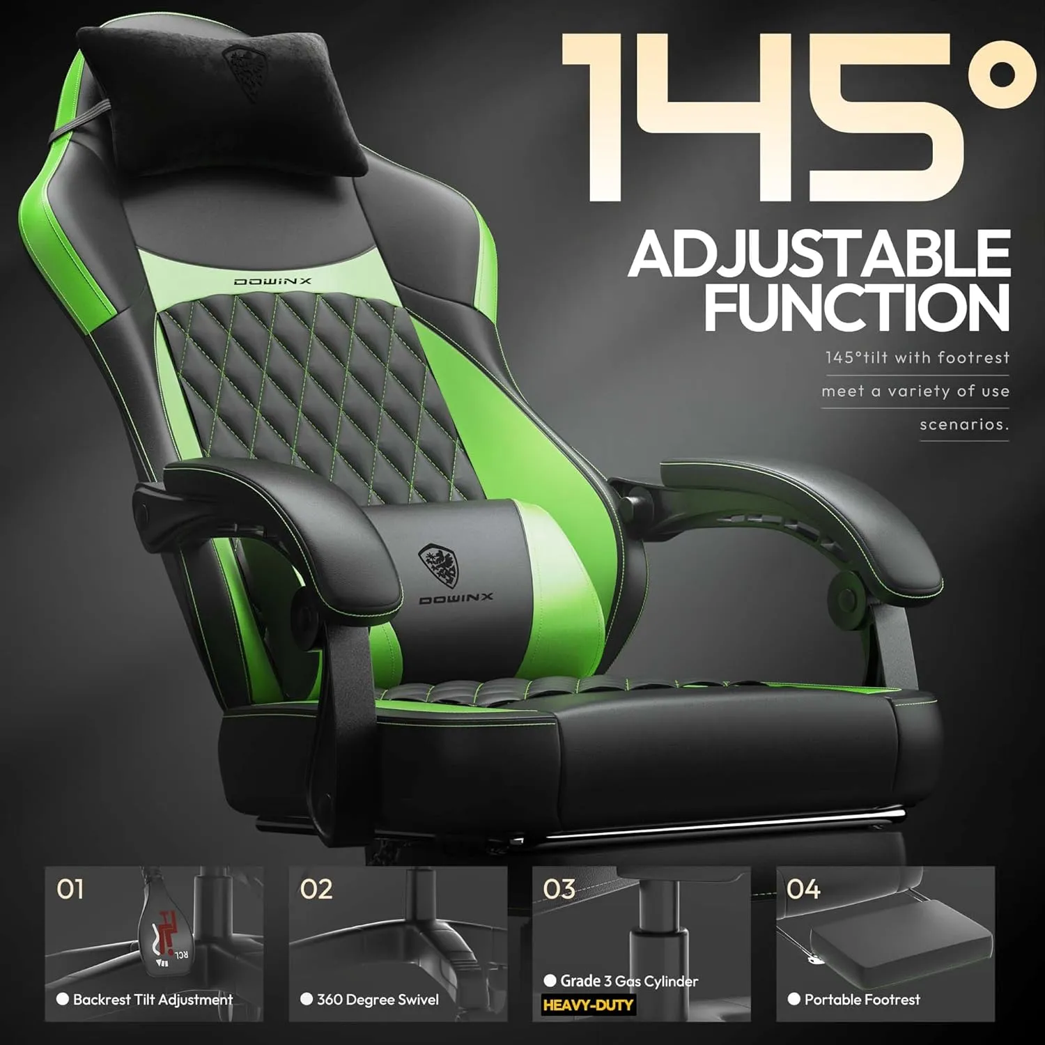Dowinx Gaming Chair with Pocket Spring Cushion, Ergonomic Computer Chair with Massage Lumbar and Footrest for Adults, High Back Game Chair Leather for Office Gaming 300LBS, Green New
