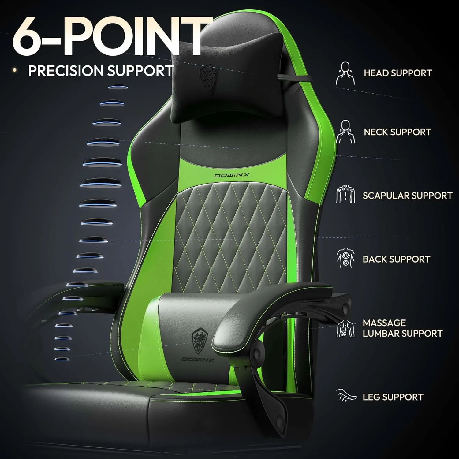 Dowinx Gaming Chair with Pocket Spring Cushion, Ergonomic Computer Chair with Massage Lumbar and Footrest for Adults, High Back Game Chair Leather for Office Gaming 300LBS, Green New