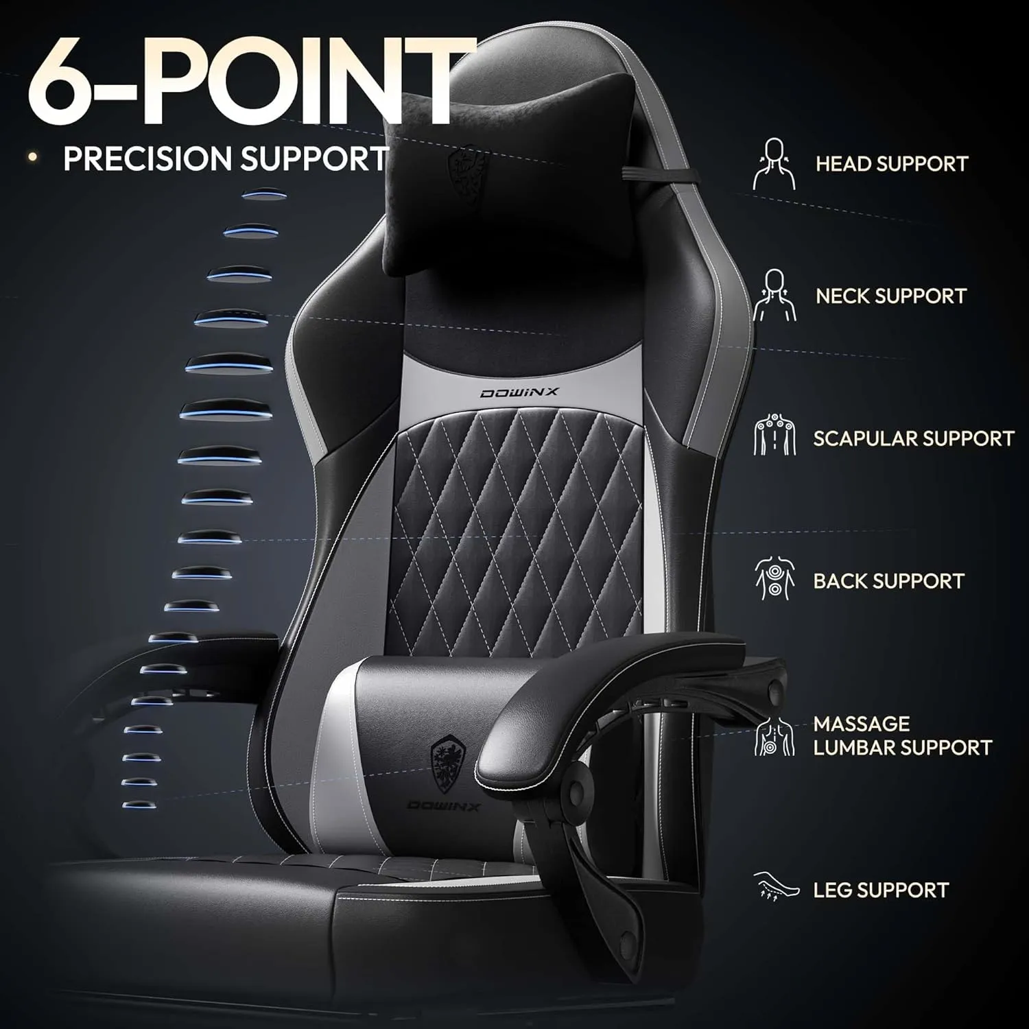 Dowinx Gaming Chair with Pocket Spring Cushion, Ergonomic Computer Chair with Massage Lumbar and Footrest for Adults, High Back Game Chair Leather for Office Gaming 300LBS, Grey New
