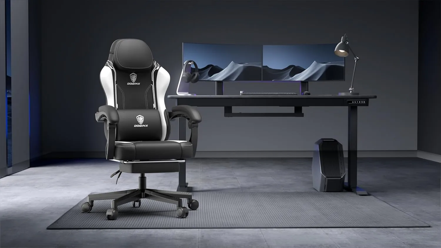 Dowinx Gaming Chair with Pocket Spring Cushion for Adults, Ergonomic Computer Chair with Footrest and Massage Lumbar Support, High Back Leather Game Chair for Office, Gaming, 300LBS, White