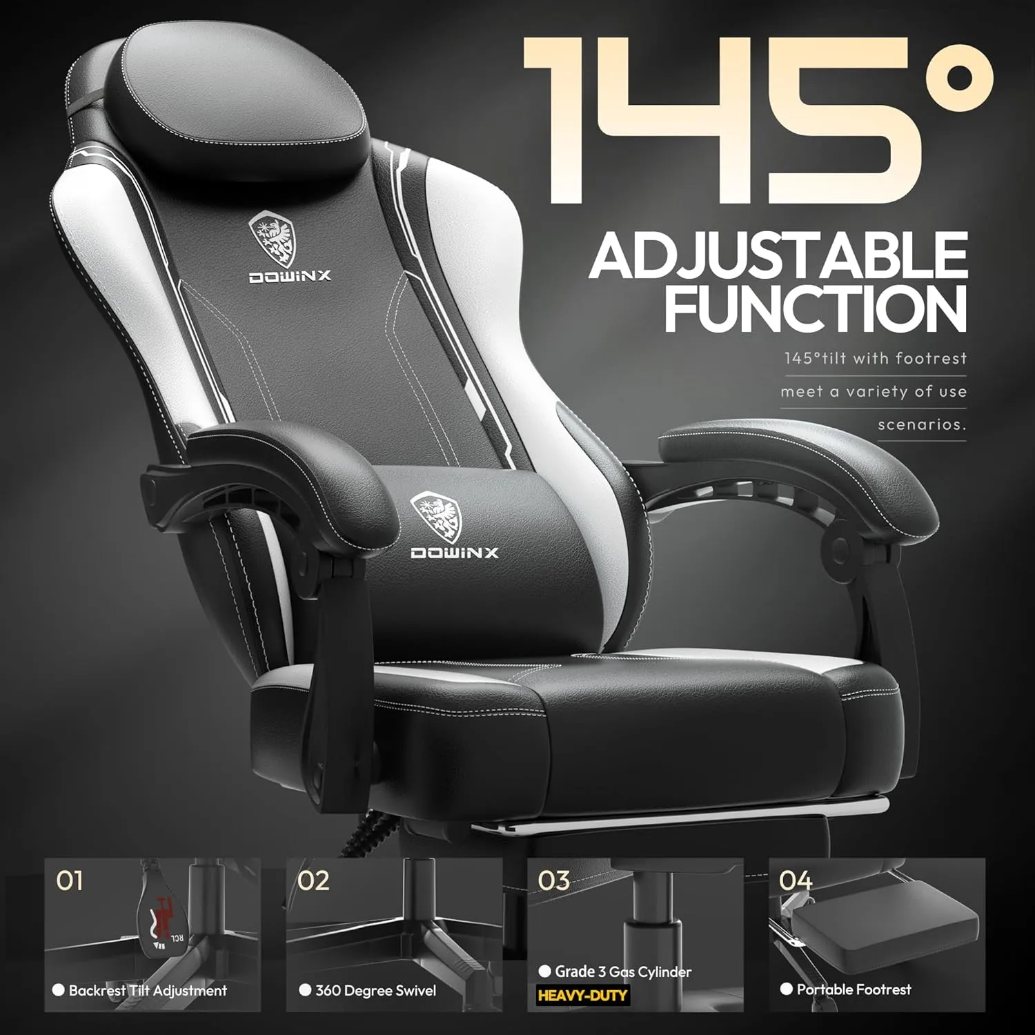 Dowinx Gaming Chair with Pocket Spring Cushion for Adults, Ergonomic Computer Chair with Footrest and Massage Lumbar Support, High Back Leather Game Chair for Office, Gaming, 300LBS, White